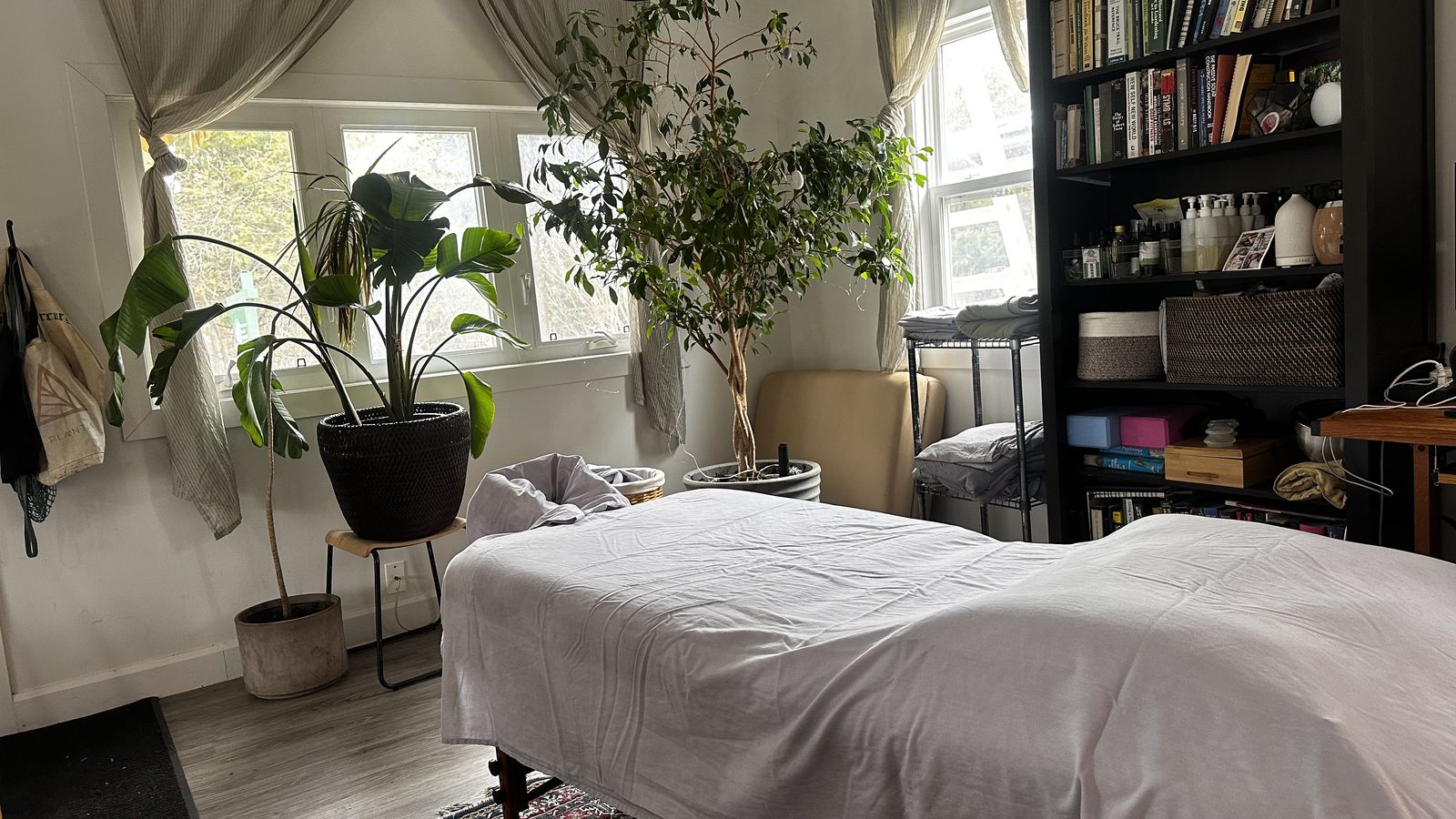 The treatment room on Ward’s Island: massage table, plants and bookshelves